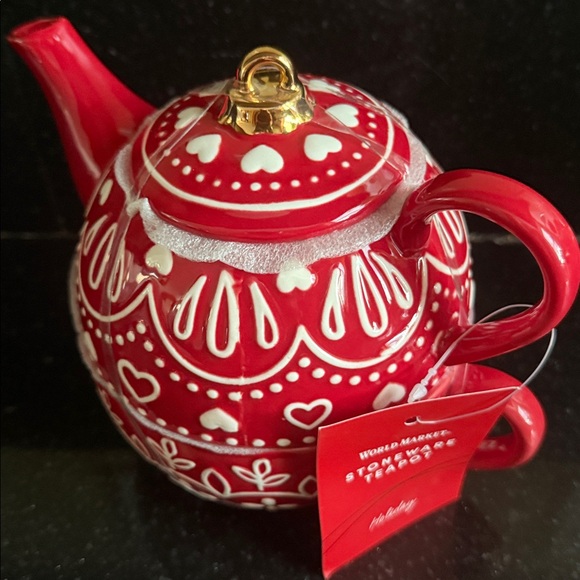 Cost Plus World Market Festive Red and White Stoneware Teapot with cup 2 in 1 - Picture 2 of 3